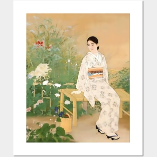 Serene Beauty: A Japanese Lady in a Summer Garden - vintage Japanese art Posters and Art